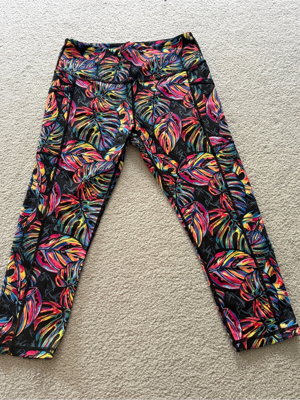 Constantly Varied Gear Neon Tropical Leaf Capri Leggings on Black